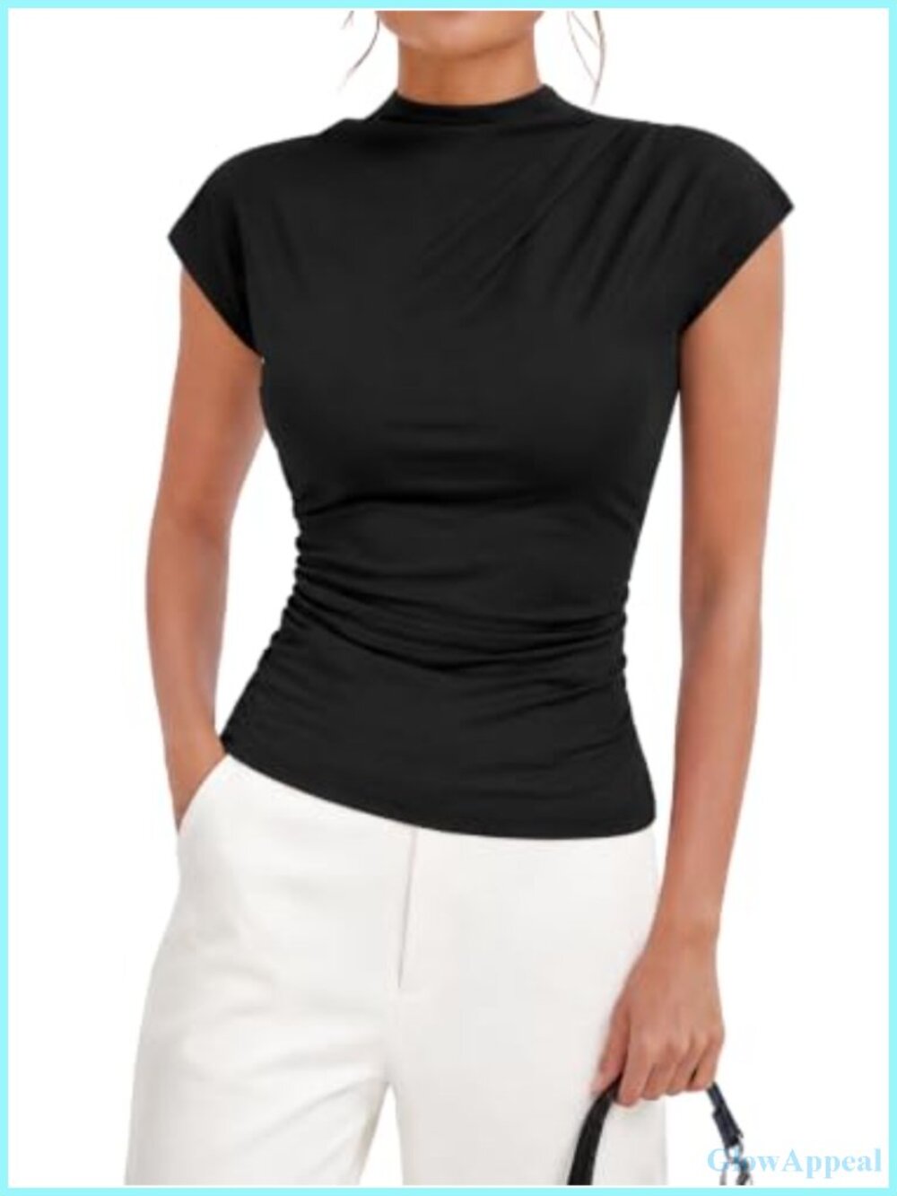 Womens Mock Neck Cap Sleeve Ruched Slim Fit Blouse Office Work Top